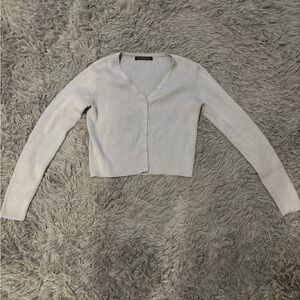 Brandy Melville Womens Blue Ribbed Cropped Long Sleeve Button Up Cardigan V-Neck